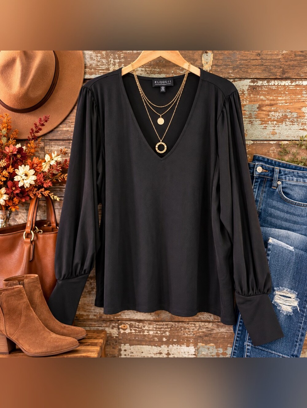NWT ELOQUII Size 18/20 Black V-Neck Blouson Sleeve Top Wide Cuff Blouse